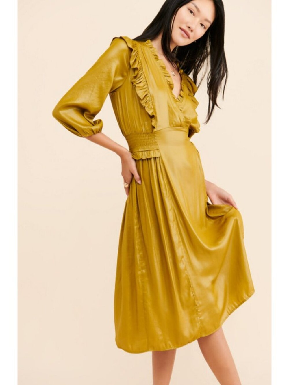 Current Air Olive Green Satin V-Neck Ruffle Smock Midi Sheath Dress, Size S